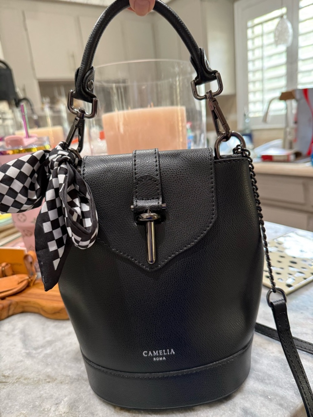 Black Leather-Effect Bucket Crossbody